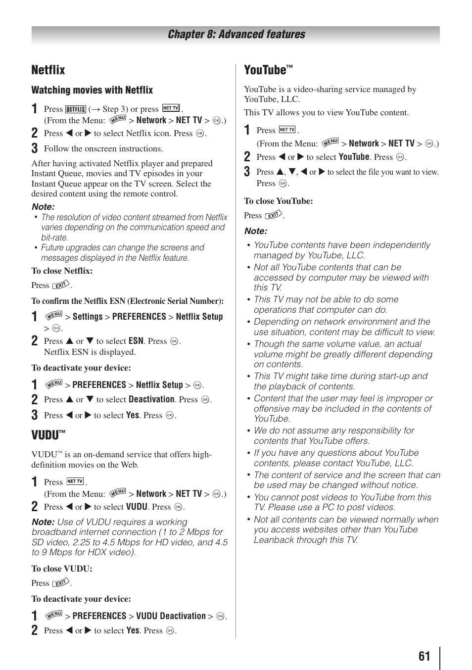 61 netflix, Vudu, Youtube | Toshiba 32SL415U User Manual | Page 61 / 92