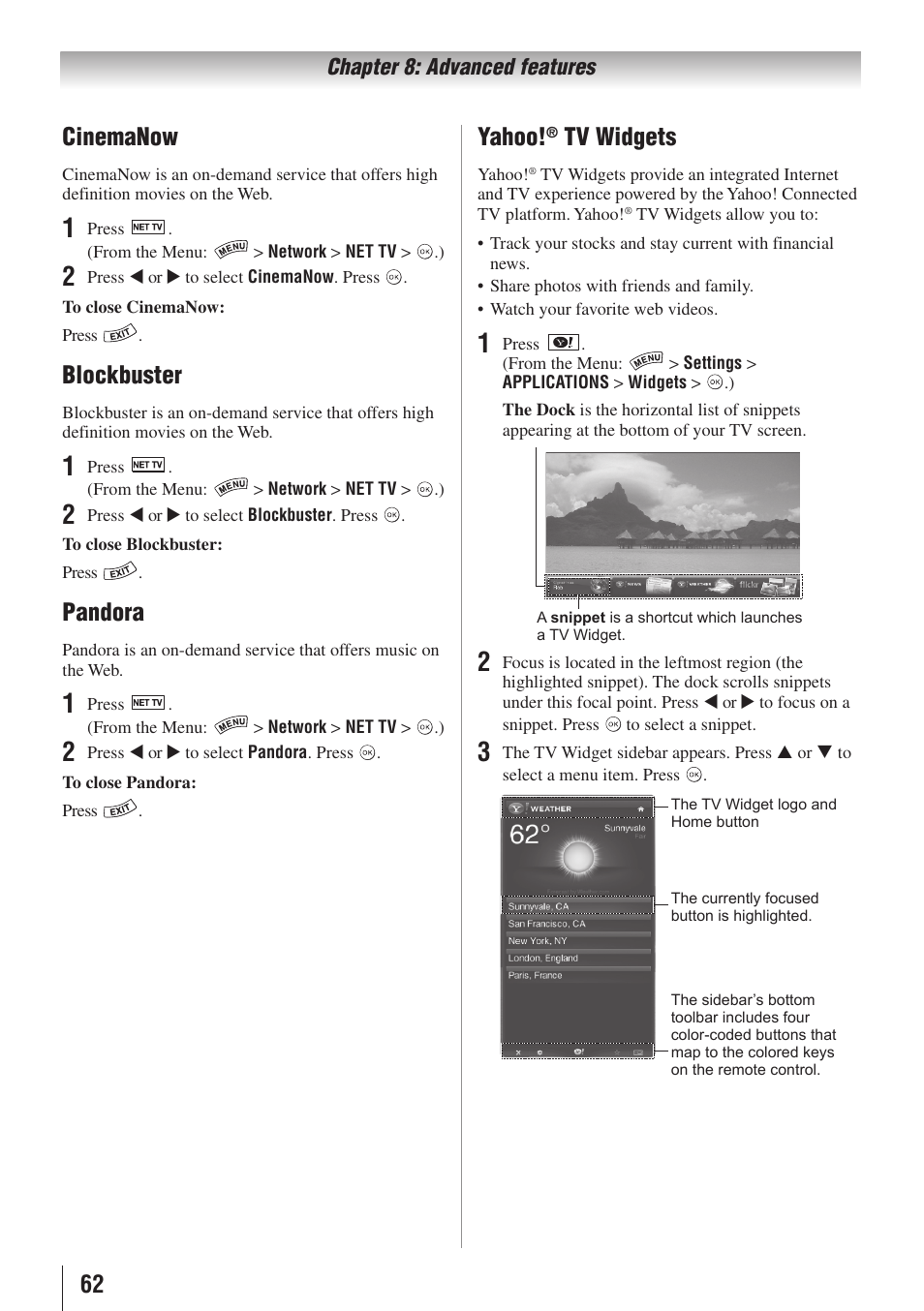 62 cinemanow, Blockbuster, Pandora | Yahoo, Tv widgets | Toshiba 32SL415U User Manual | Page 62 / 92