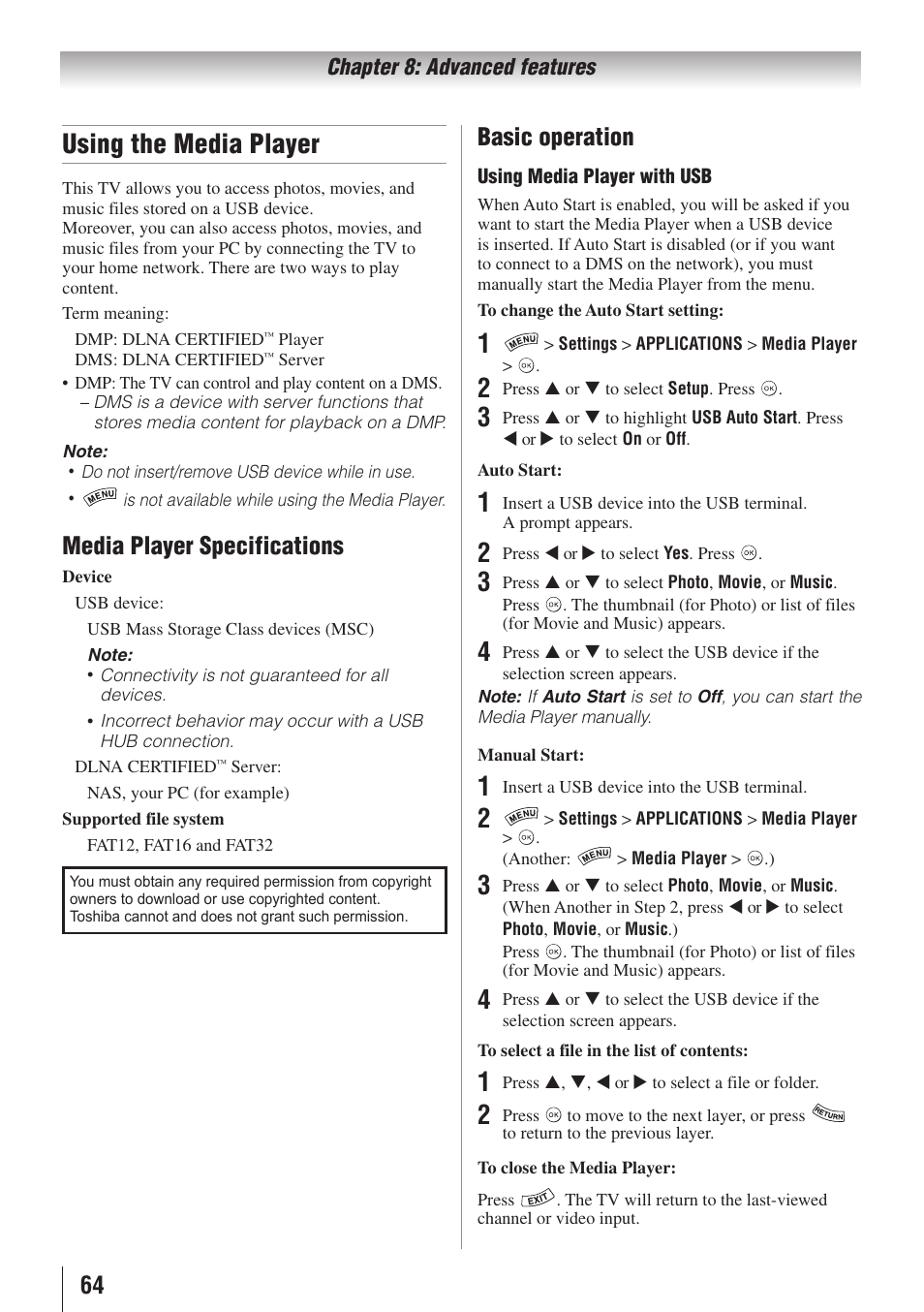 Using the media player, Media player specifications, Basic operation | Toshiba 32SL415U User Manual | Page 64 / 92