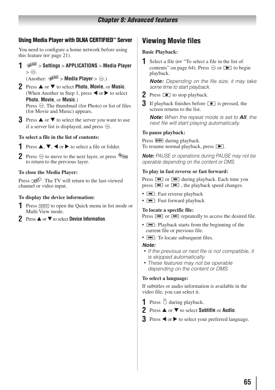 Viewing movie files | Toshiba 32SL415U User Manual | Page 65 / 92