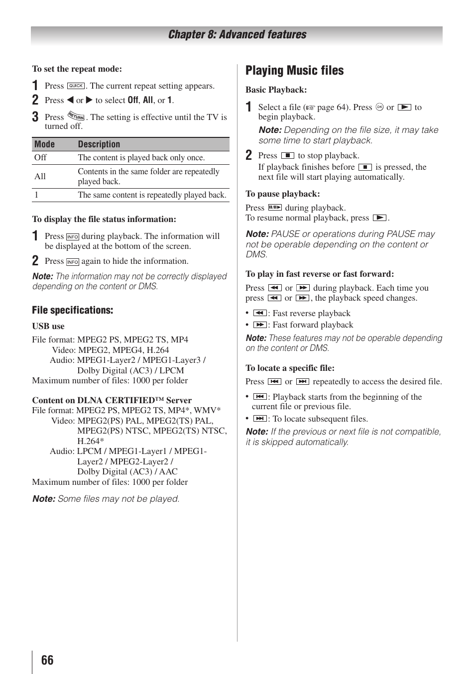 Playing music files | Toshiba 32SL415U User Manual | Page 66 / 92