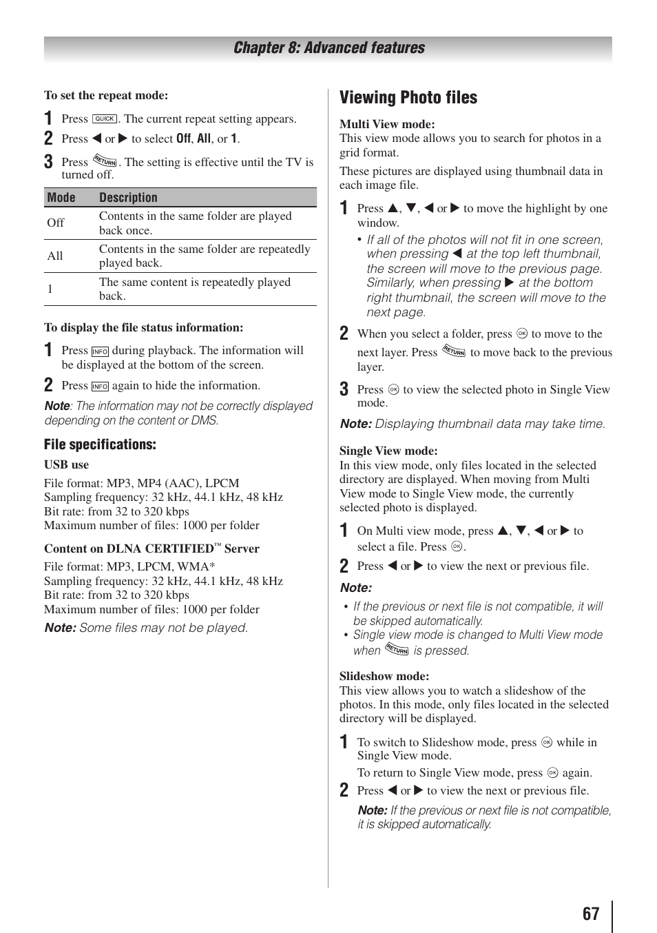 Viewing photo files | Toshiba 32SL415U User Manual | Page 67 / 92