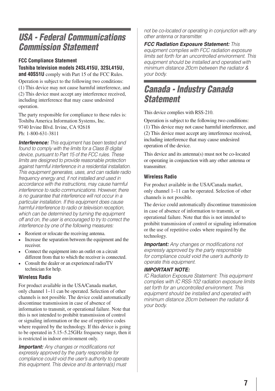 Usa - federal communications commission statement, Canada - industry canada statement | Toshiba 32SL415U User Manual | Page 7 / 92