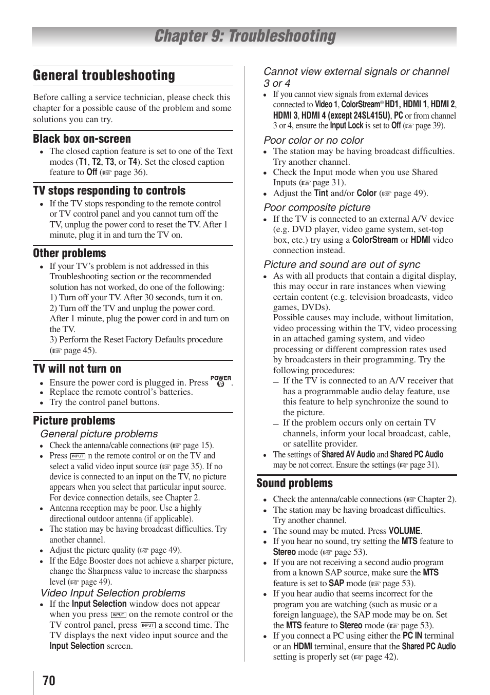 Chapter 9: troubleshooting, General troubleshooting | Toshiba 32SL415U User Manual | Page 70 / 92