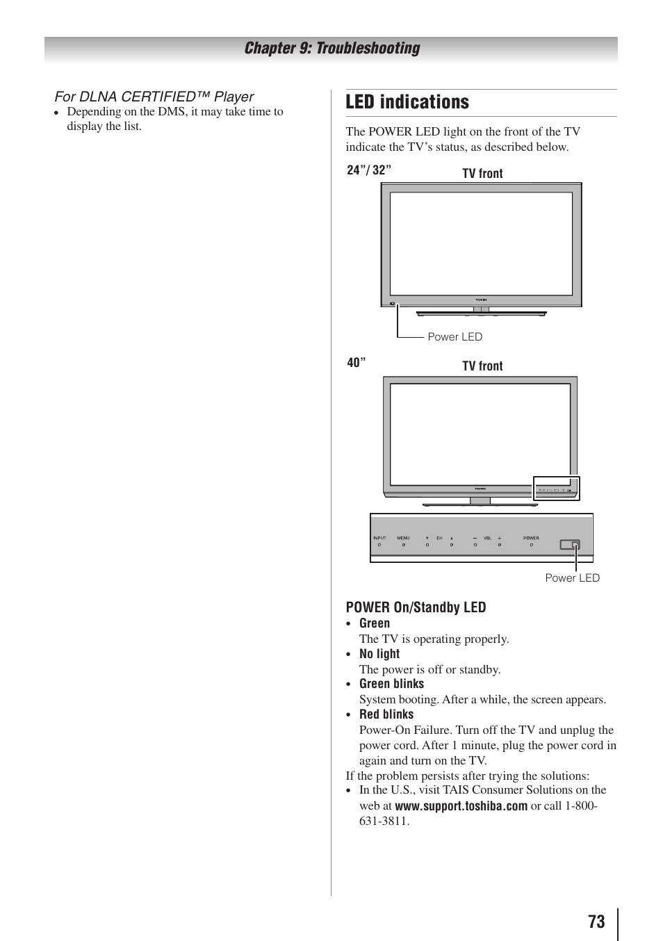 Led indications | Toshiba 32SL415U User Manual | Page 73 / 92