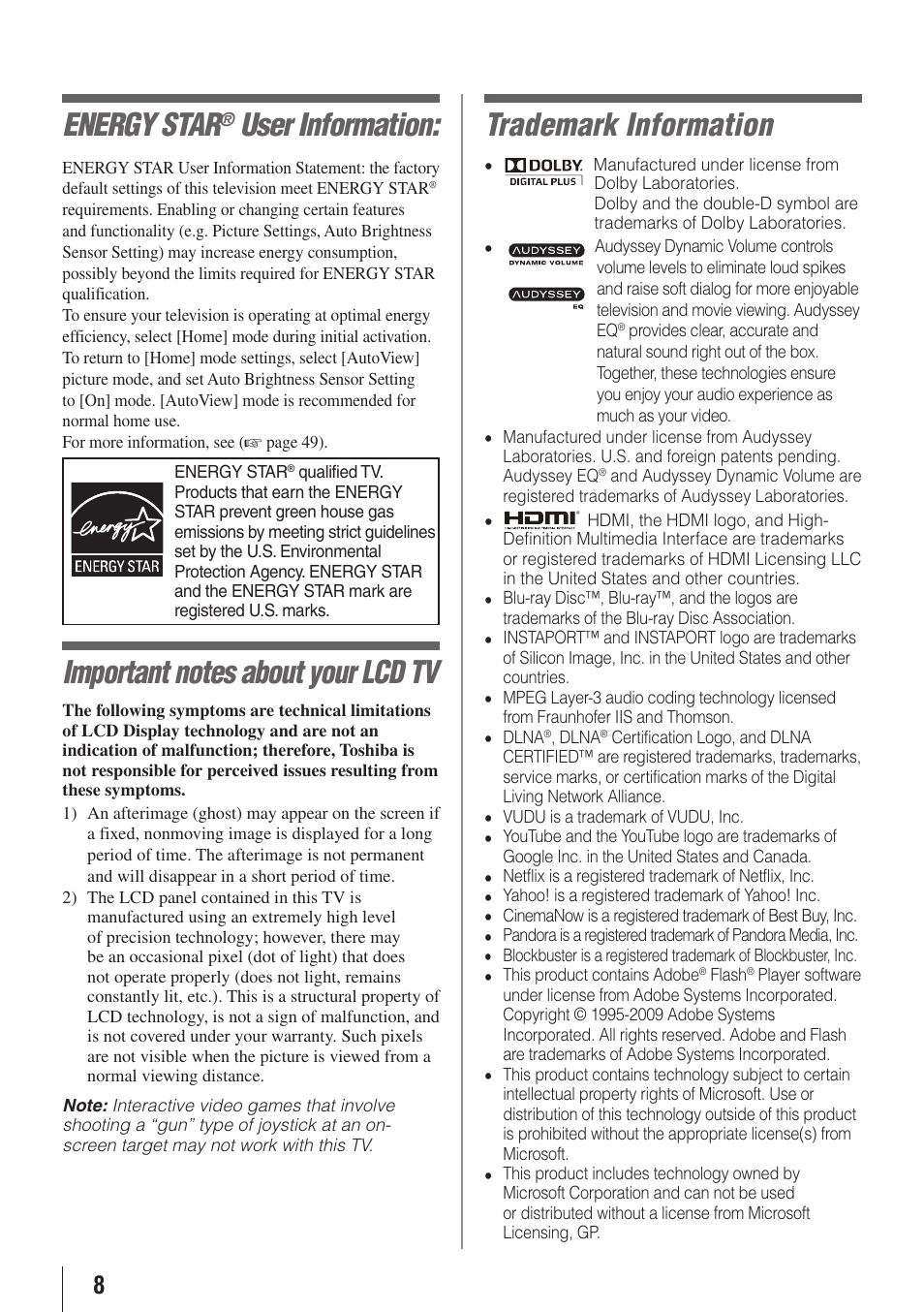 Energy star, User information, Trademark information | Toshiba 32SL415U User Manual | Page 8 / 92