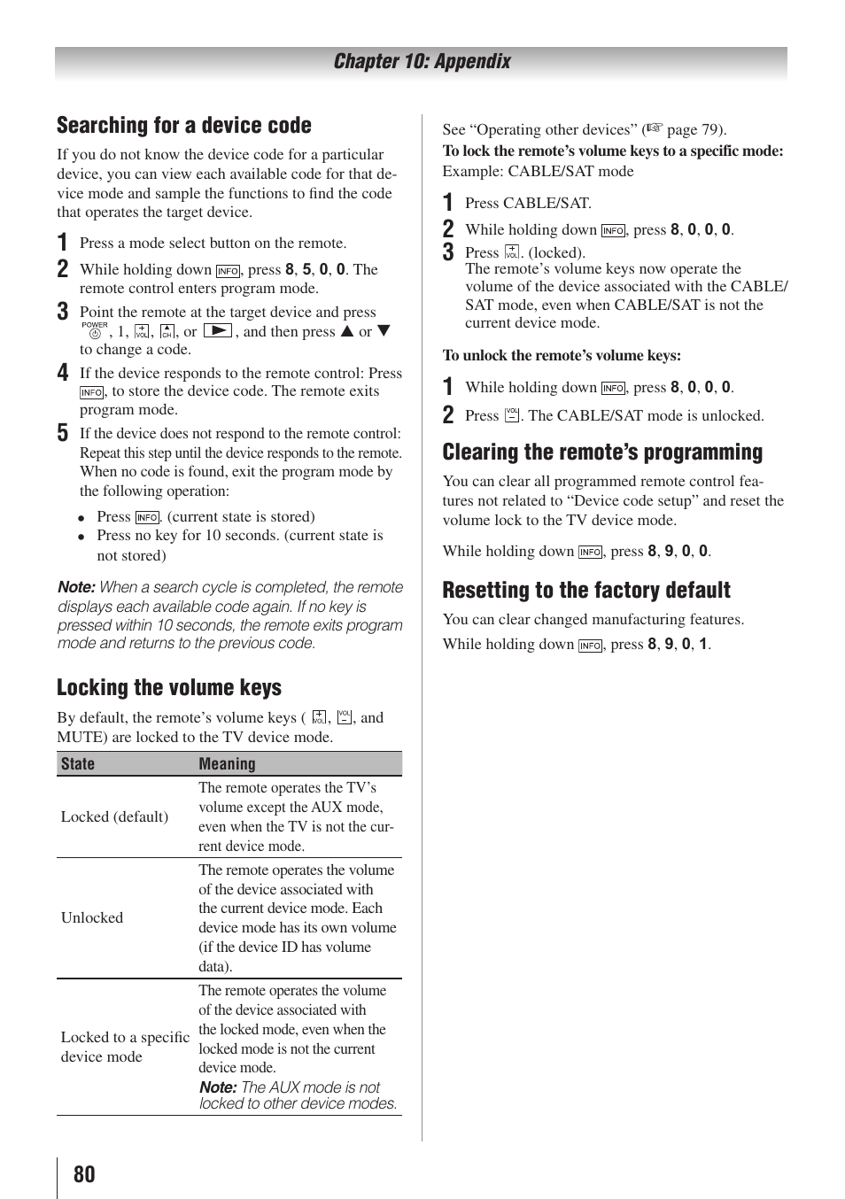 Searching for a device code, Locking the volume keys, Clearing the remote’s programming | Resetting to the factory default | Toshiba 32SL415U User Manual | Page 80 / 92