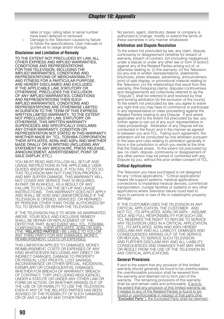 Chapter 10: appendix | Toshiba 32SL415U User Manual | Page 90 / 92