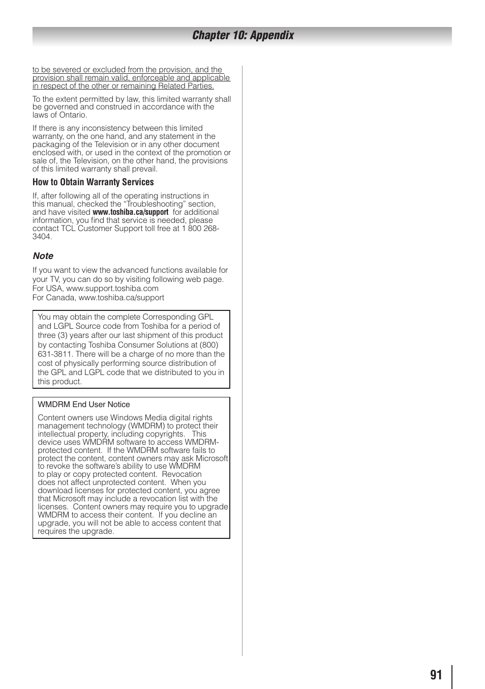 Chapter 10: appendix | Toshiba 32SL415U User Manual | Page 91 / 92