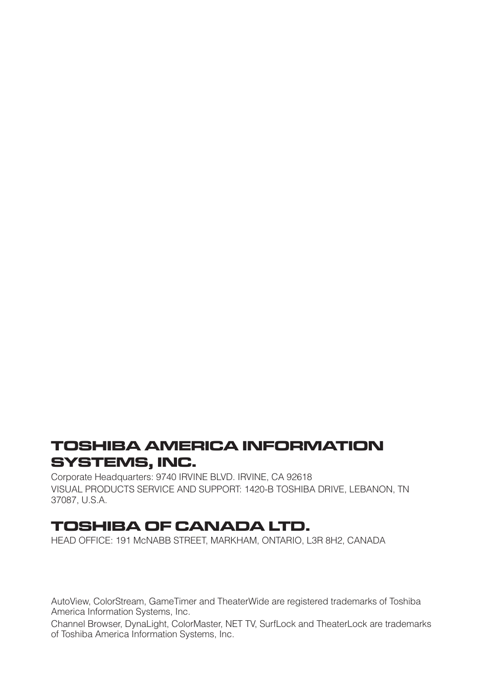 Toshiba america information systems, inc, Toshiba of canada ltd | Toshiba 32SL415U User Manual | Page 92 / 92