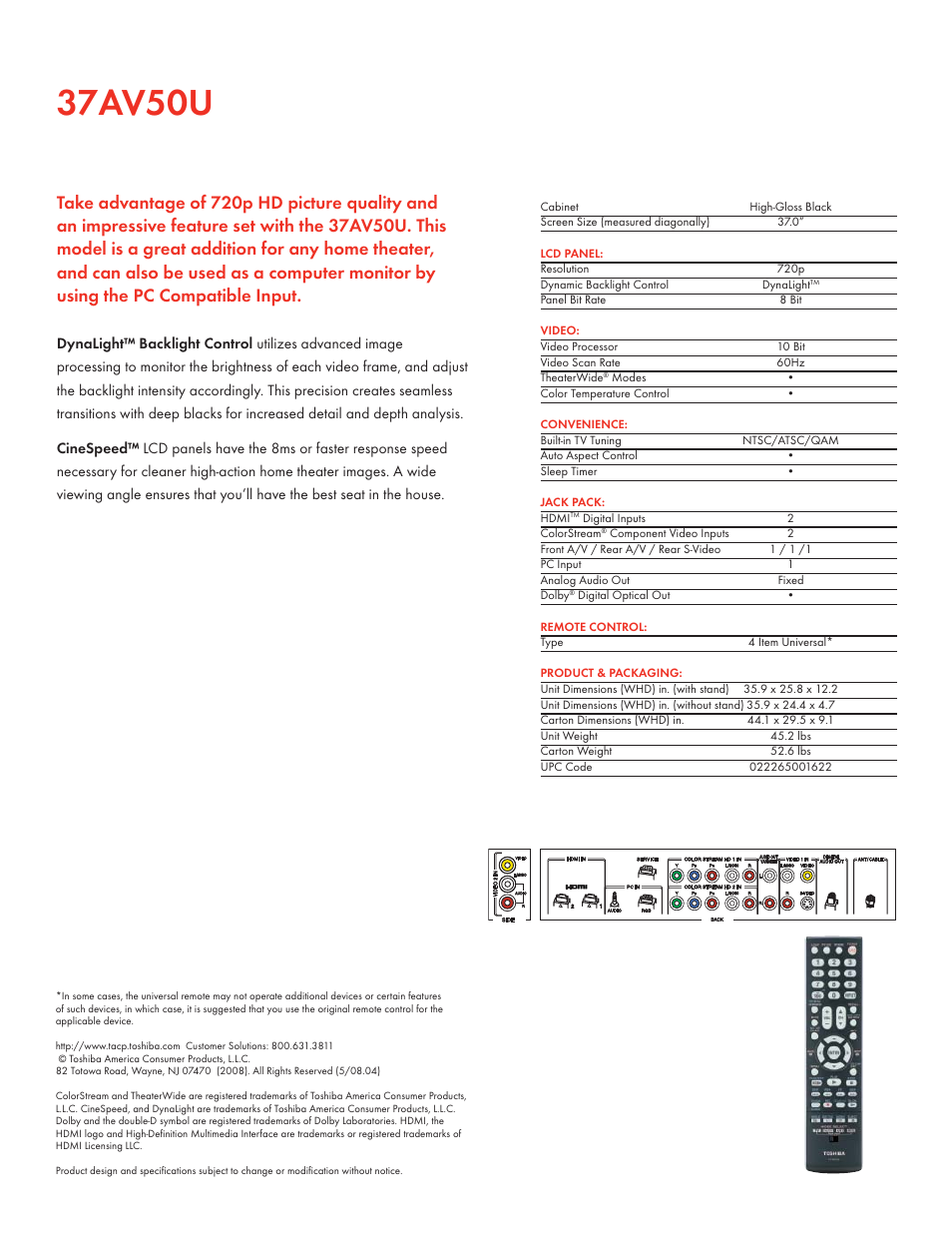 37av50u | Toshiba 37AV50U User Manual | Page 2 / 2