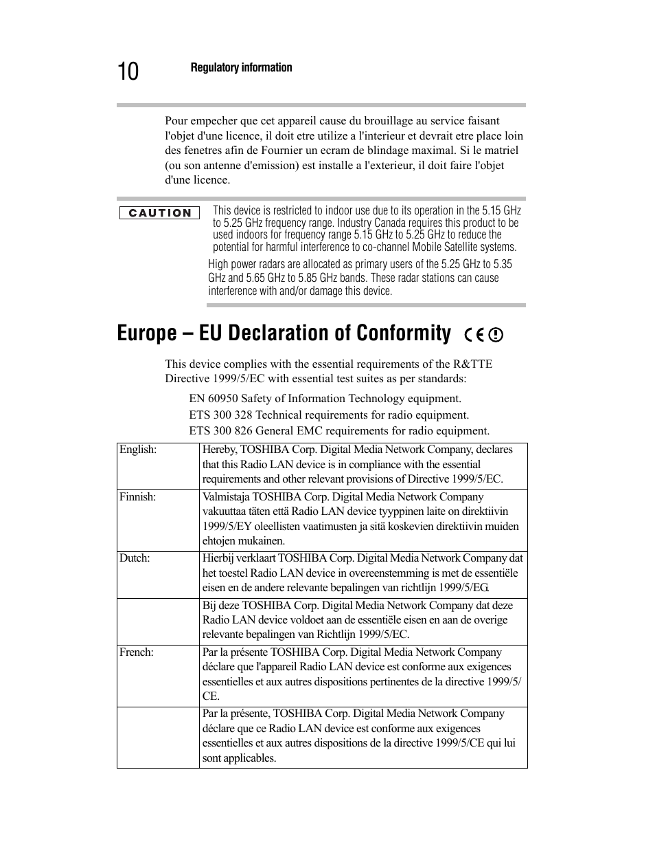 Europe – eu declaration of conformity | Toshiba Satellite A55 User Manual | Page 10 / 68
