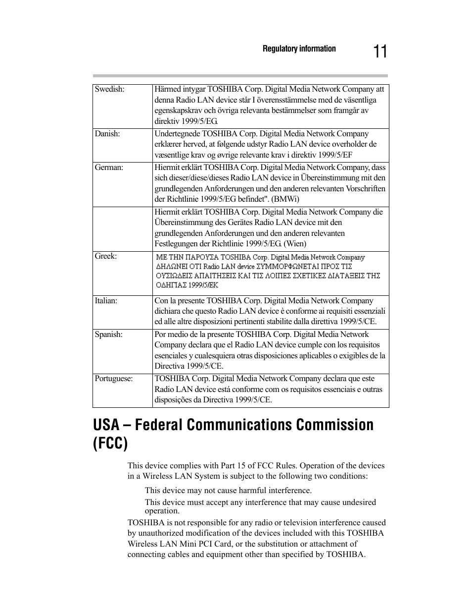 Usa – federal communications commission (fcc) | Toshiba Satellite A55 User Manual | Page 11 / 68