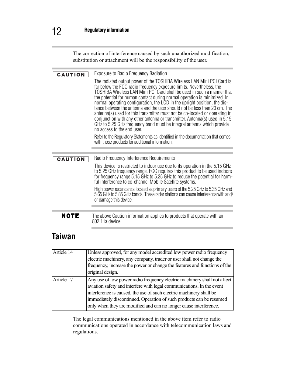 Taiwan | Toshiba Satellite A55 User Manual | Page 12 / 68