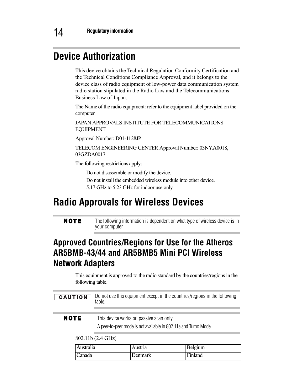 Device authorization, Radio approvals for wireless devices | Toshiba Satellite A55 User Manual | Page 14 / 68