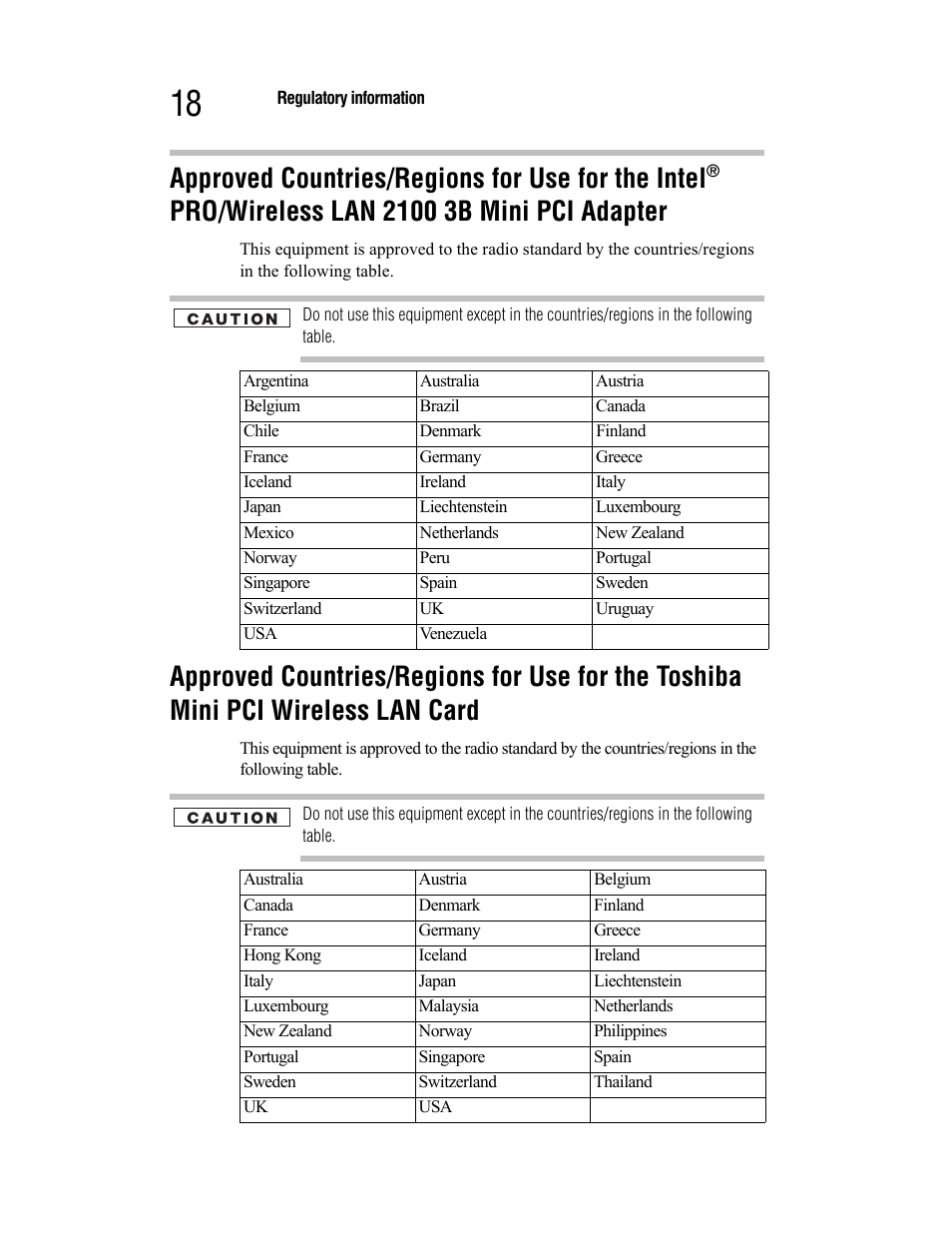 Approved countries/regions for use for the intel | Toshiba Satellite A55 User Manual | Page 18 / 68