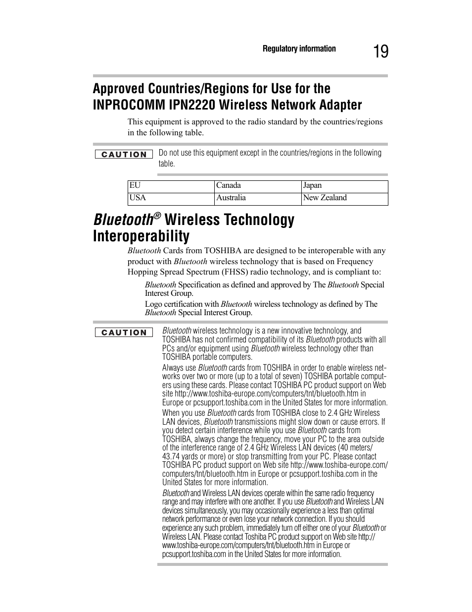 Bluetooth, Wireless technology interoperability | Toshiba Satellite A55 User Manual | Page 19 / 68