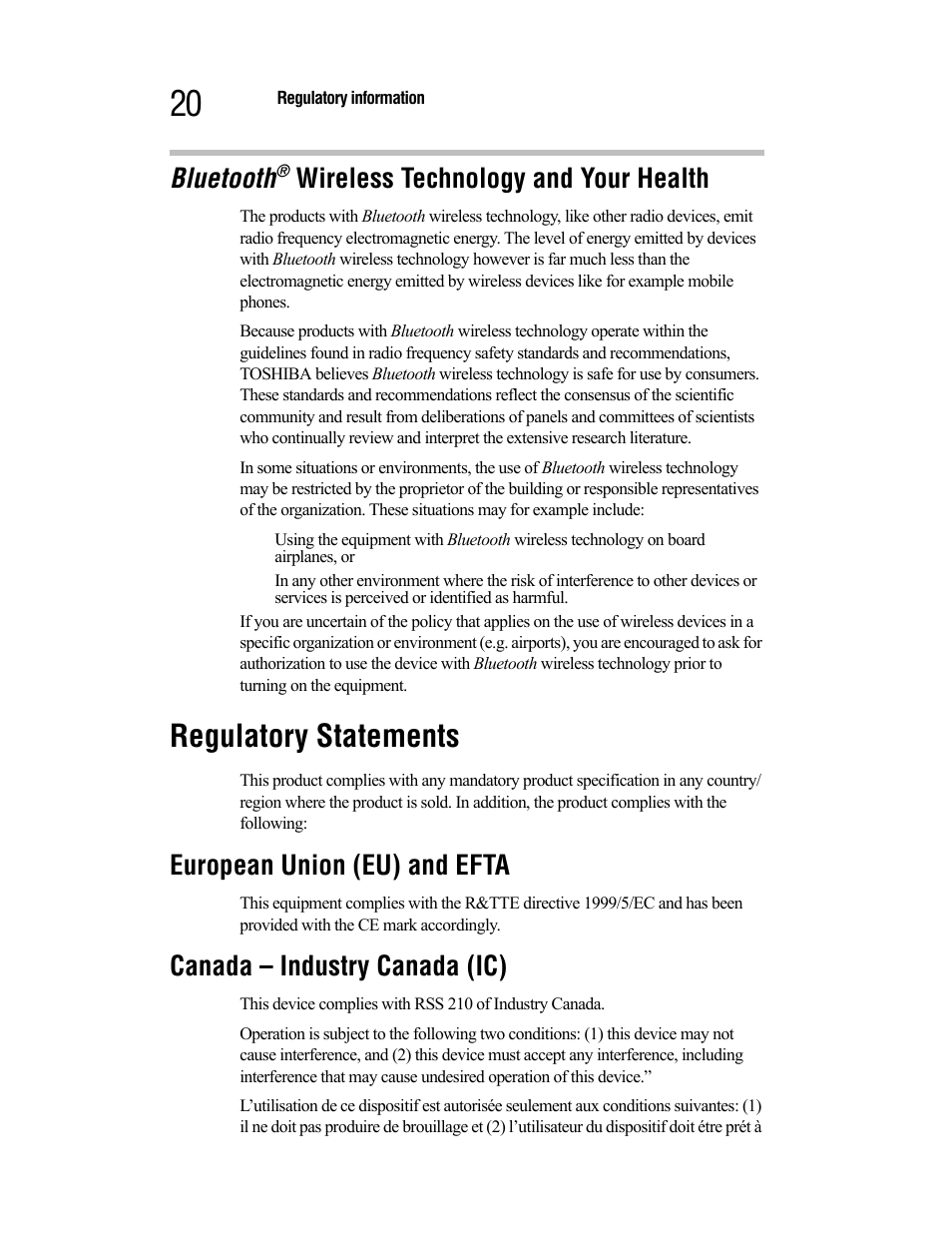 Regulatory statements, Bluetooth, Wireless technology and your health | European union (eu) and efta, Canada – industry canada (ic) | Toshiba Satellite A55 User Manual | Page 20 / 68