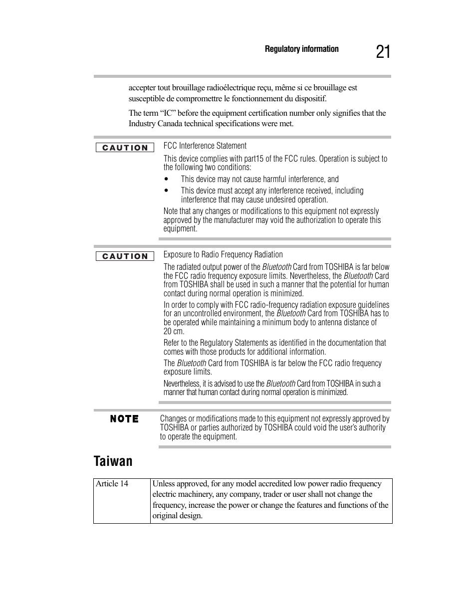 Taiwan | Toshiba Satellite A55 User Manual | Page 21 / 68
