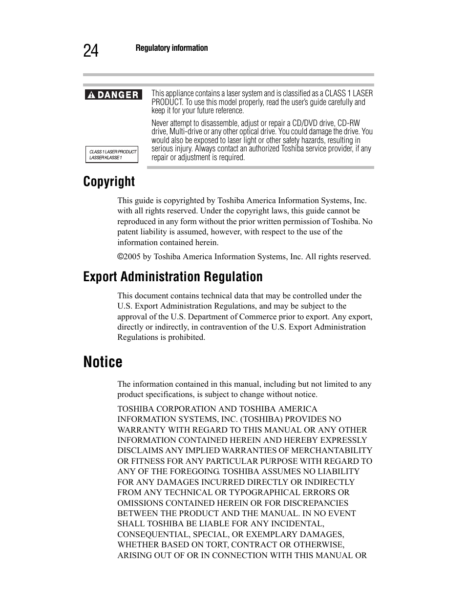 Notice, Copyright, Export administration regulation | Toshiba Satellite A55 User Manual | Page 24 / 68