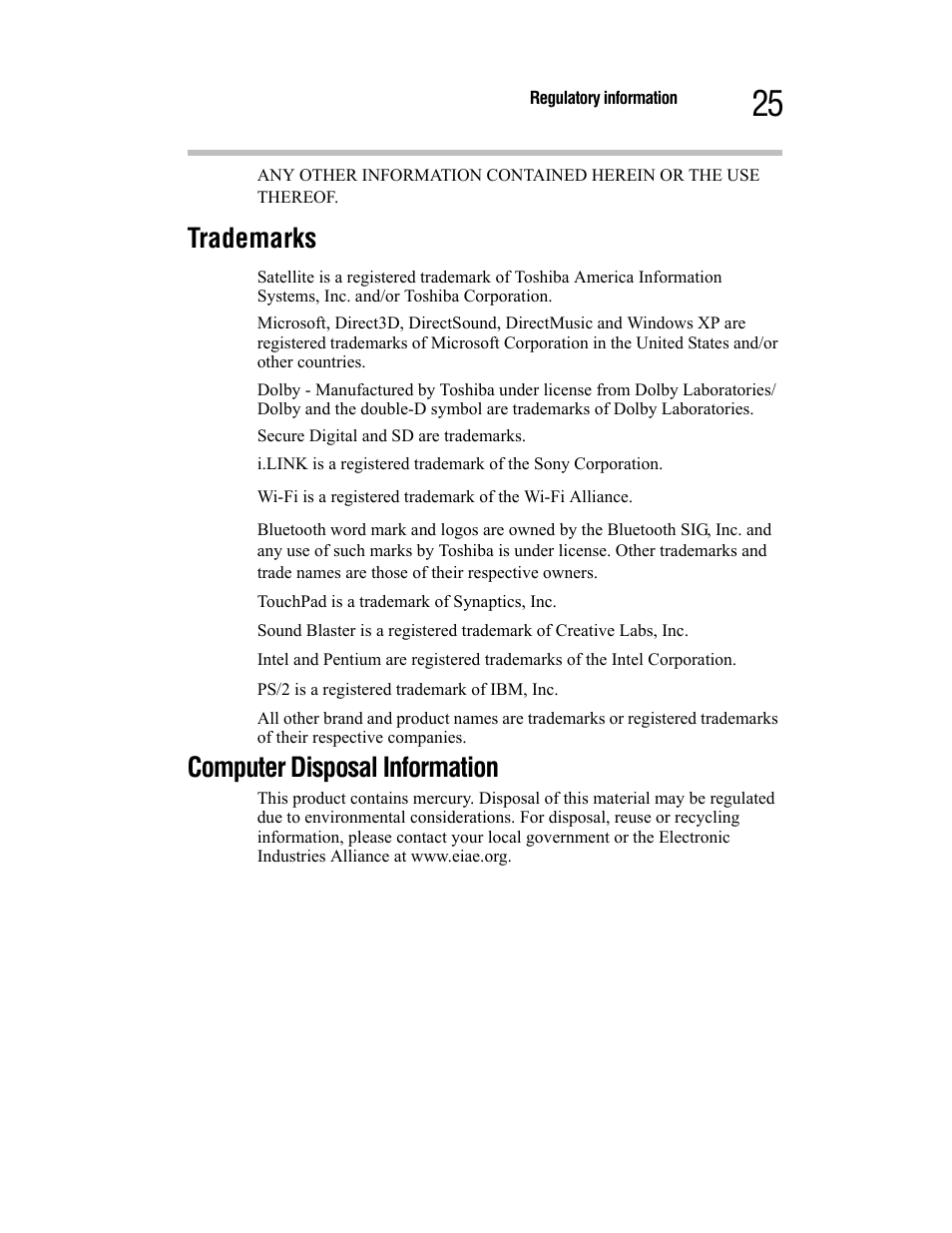 Trademarks, Computer disposal information | Toshiba Satellite A55 User Manual | Page 25 / 68
