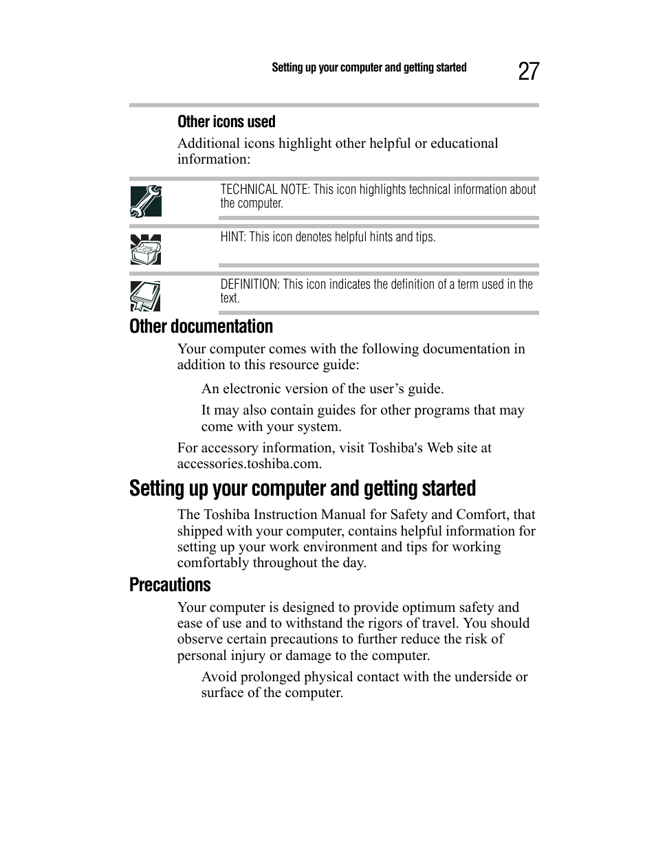 Other documentation, Setting up your computer and getting started, Precautions | Toshiba Satellite A55 User Manual | Page 27 / 68