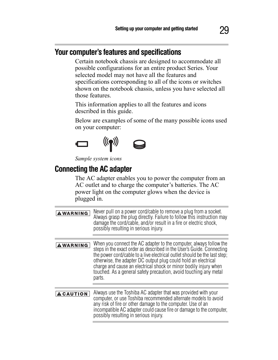 Your computer’s features and specifications, Connecting the ac adapter | Toshiba Satellite A55 User Manual | Page 29 / 68