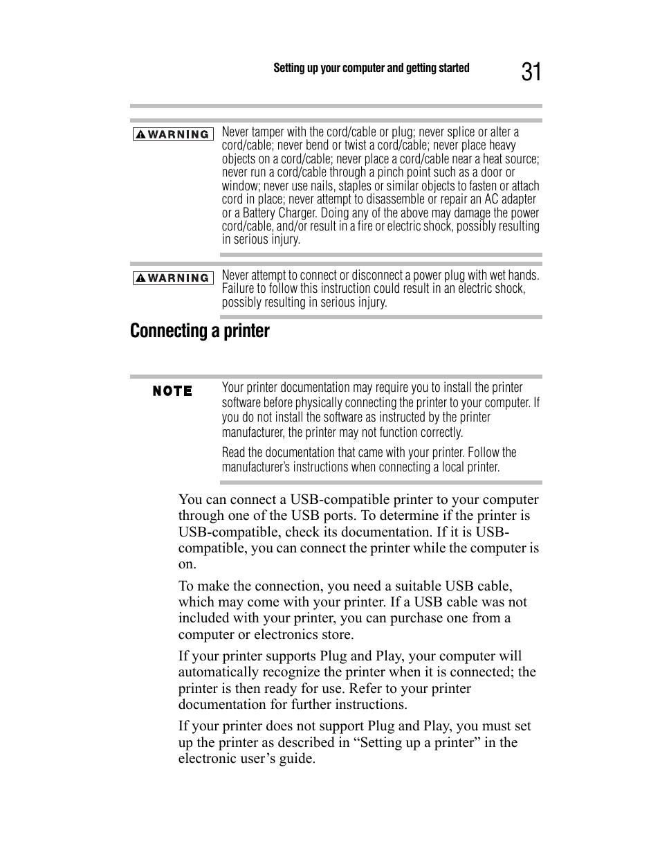 Connecting a printer | Toshiba Satellite A55 User Manual | Page 31 / 68