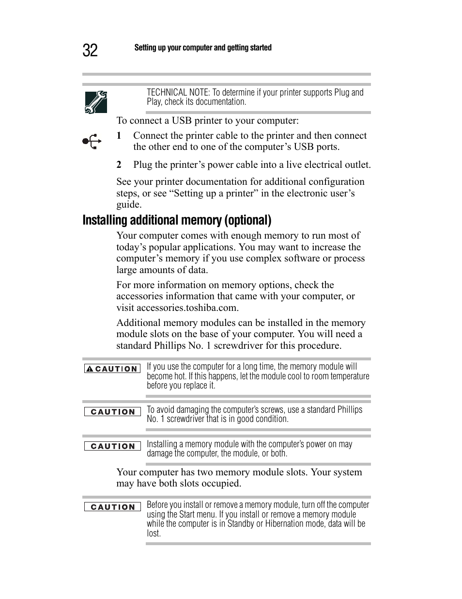 Installing additional memory (optional) | Toshiba Satellite A55 User Manual | Page 32 / 68