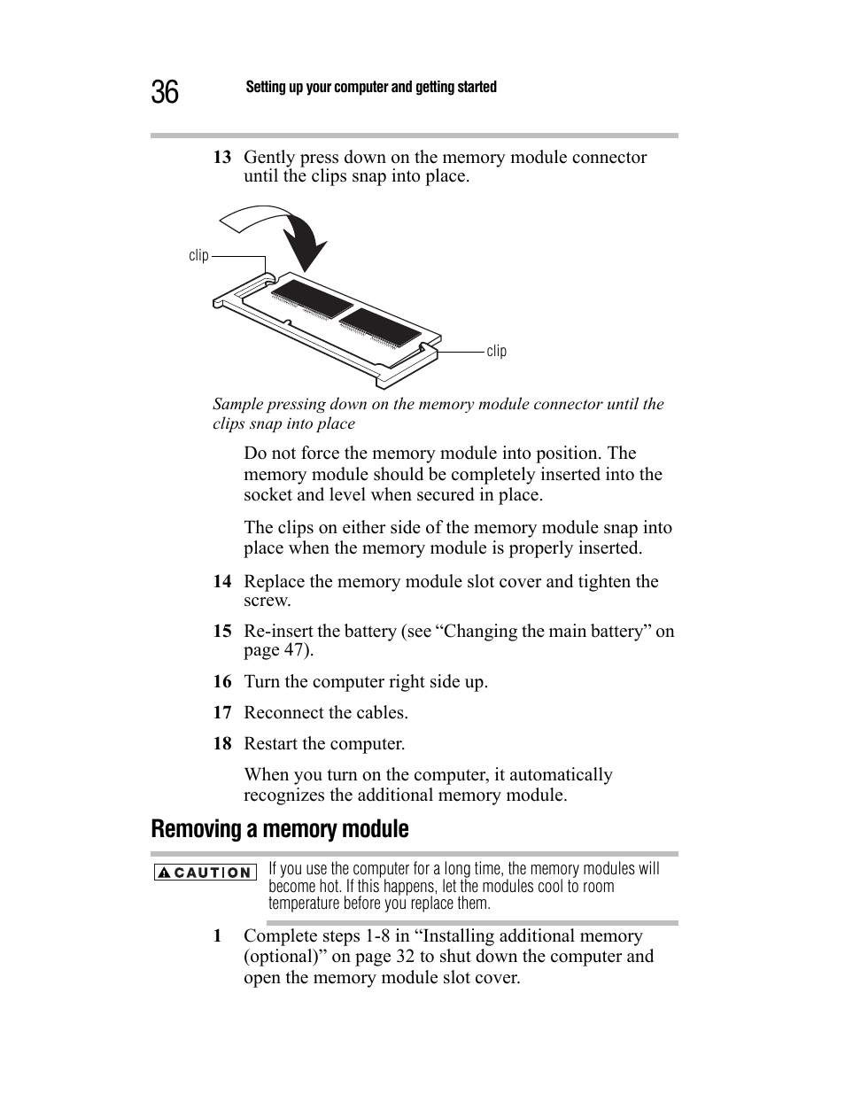 Removing a memory module | Toshiba Satellite A55 User Manual | Page 36 / 68