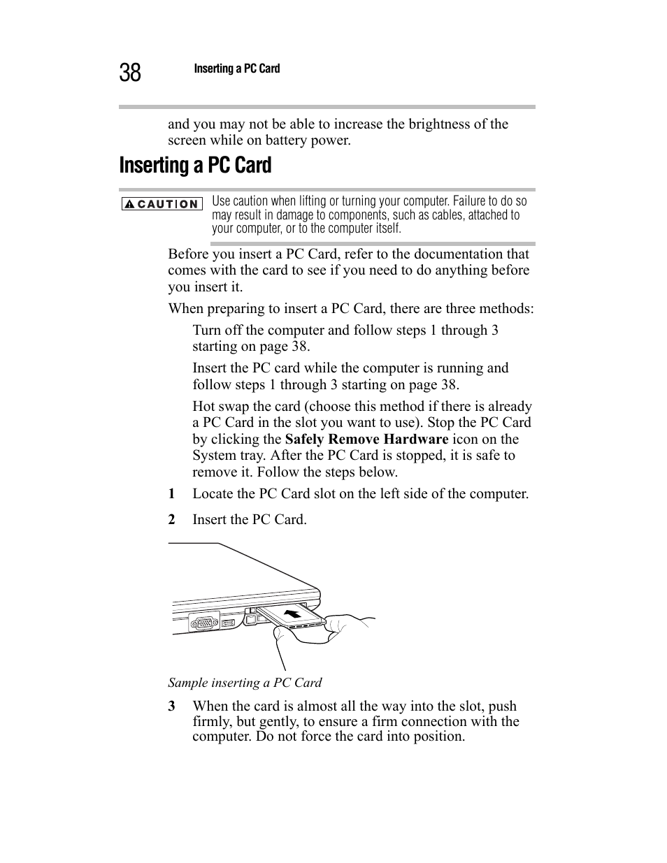 Inserting a pc card | Toshiba Satellite A55 User Manual | Page 38 / 68