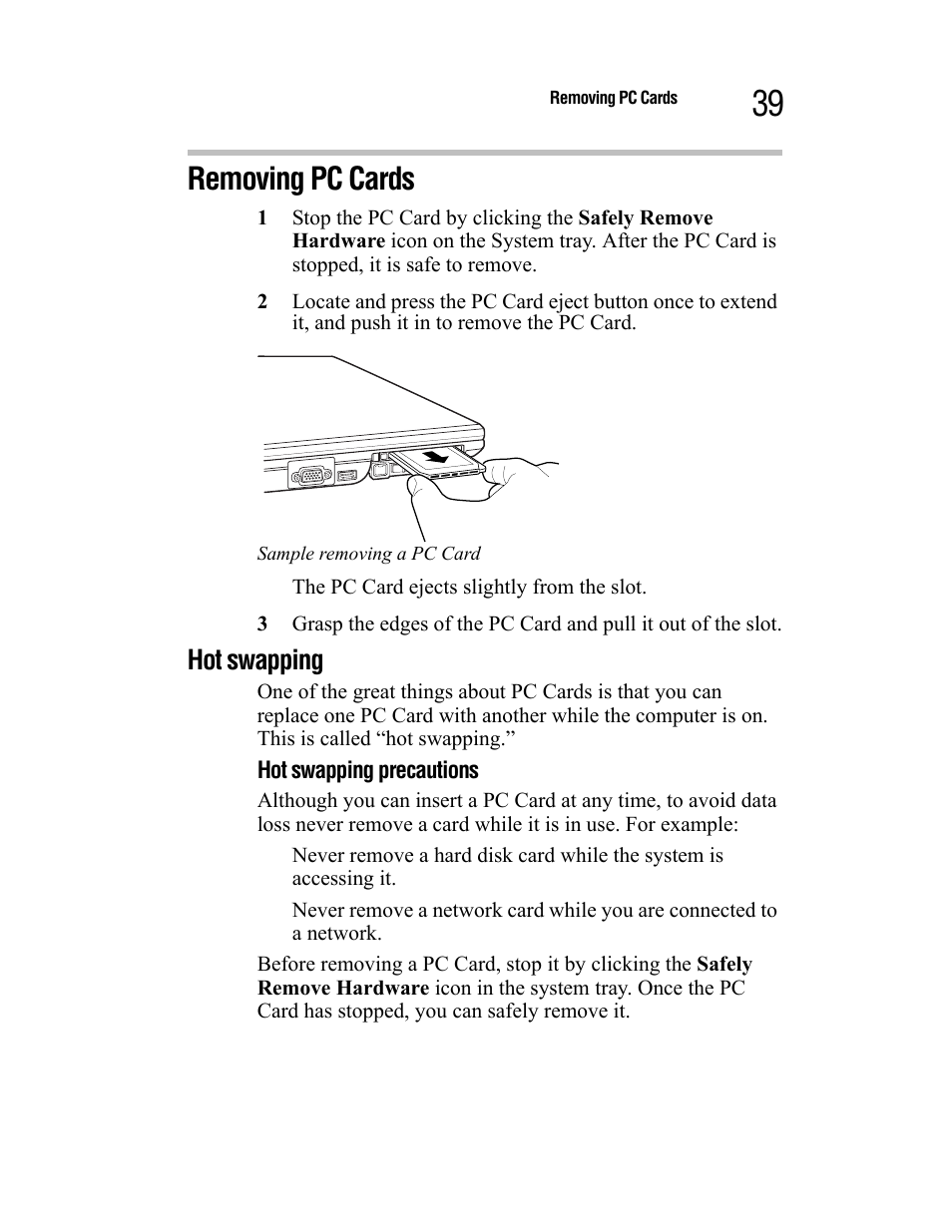 Removing pc cards, Hot swapping | Toshiba Satellite A55 User Manual | Page 39 / 68
