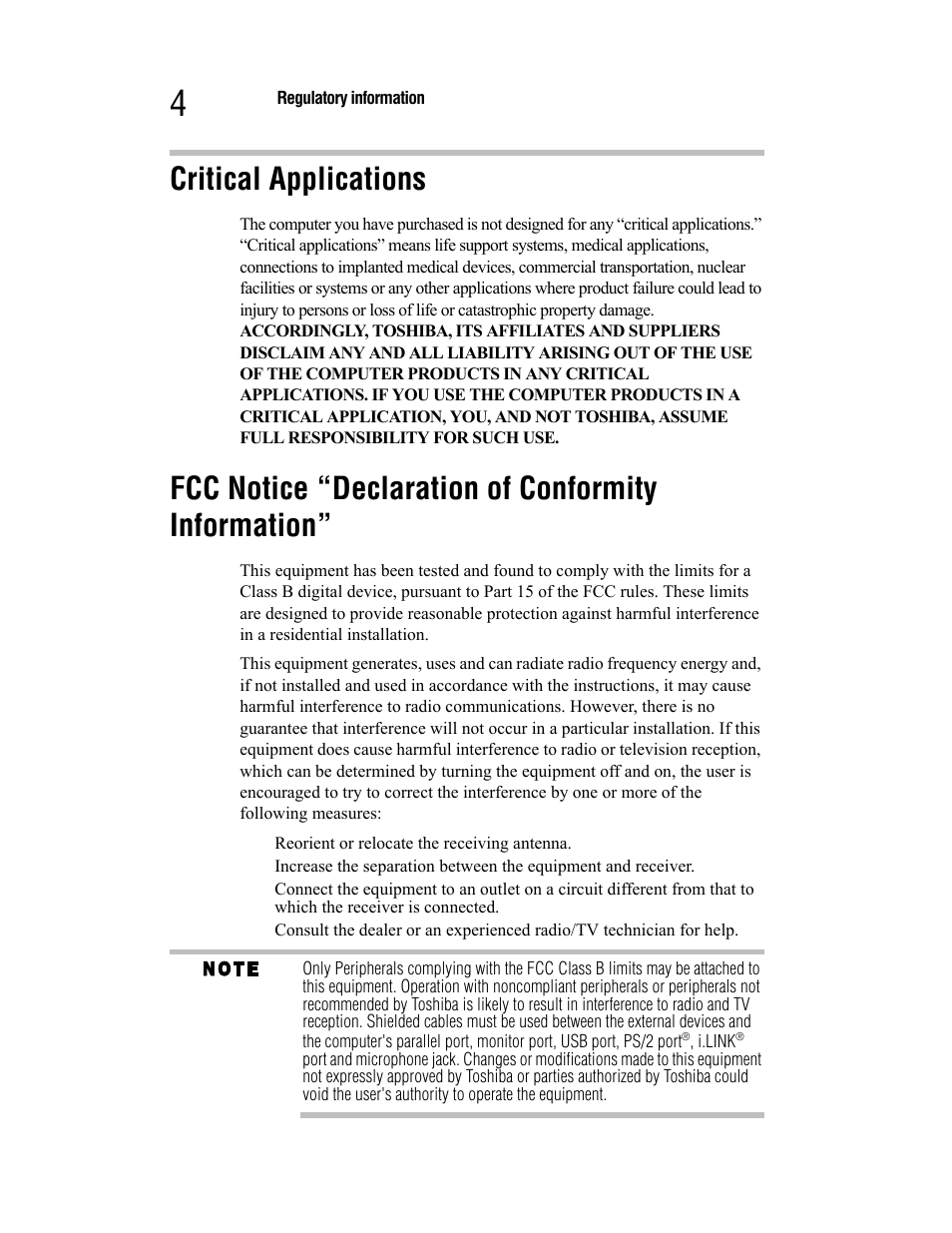 Critical applications, Fcc notice “declaration of conformity information | Toshiba Satellite A55 User Manual | Page 4 / 68