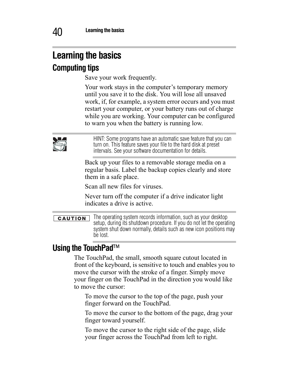 Learning the basics, Computing tips, Using the touchpad | Toshiba Satellite A55 User Manual | Page 40 / 68