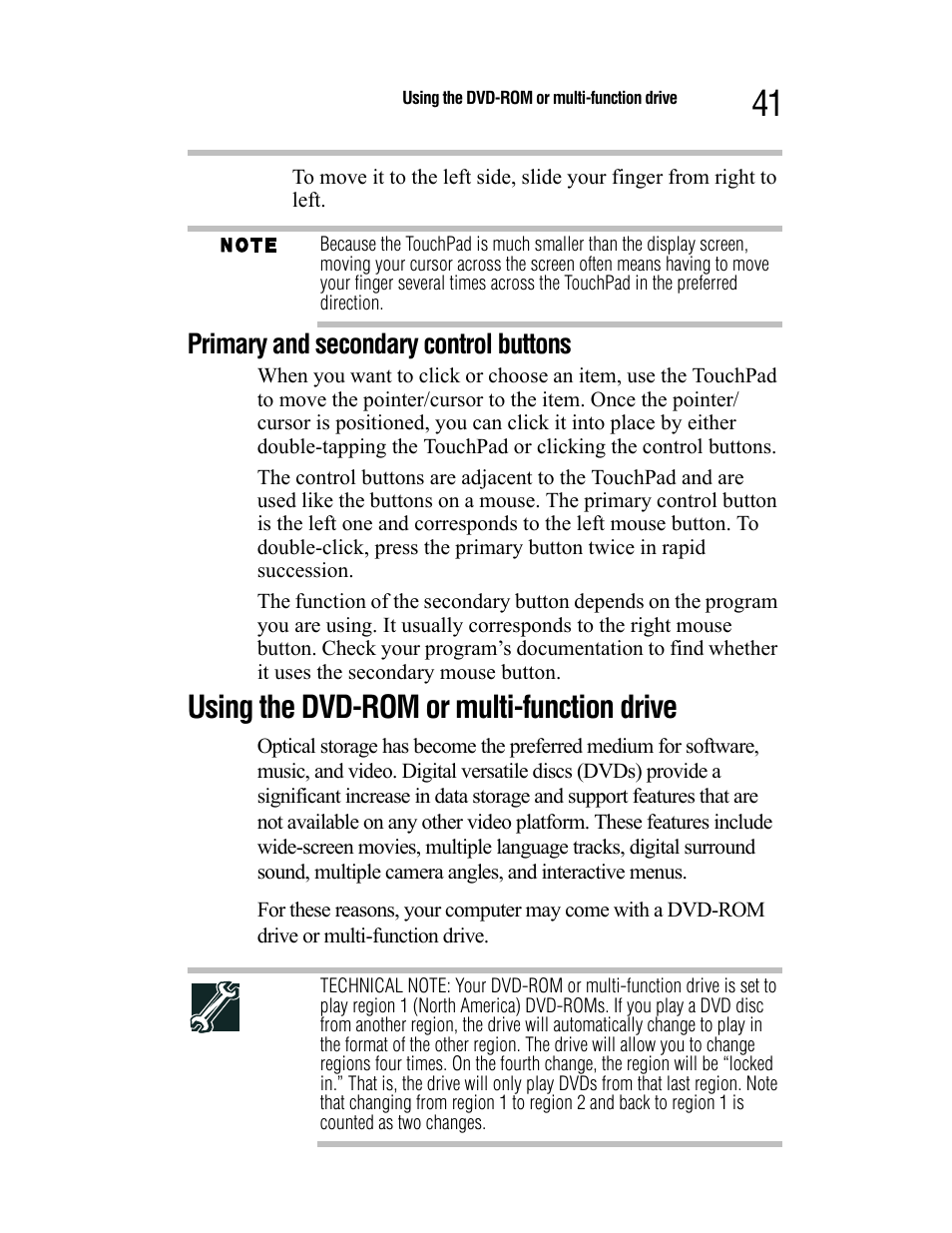 Primary and secondary control buttons, Using the dvd-rom or multi-function drive | Toshiba Satellite A55 User Manual | Page 41 / 68