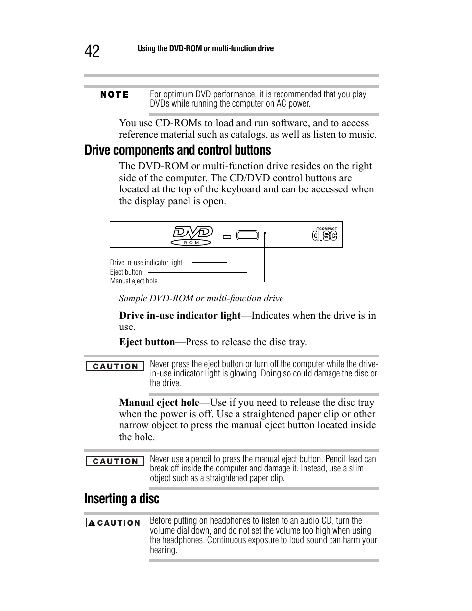 Drive components and control buttons, Inserting a disc | Toshiba Satellite A55 User Manual | Page 42 / 68