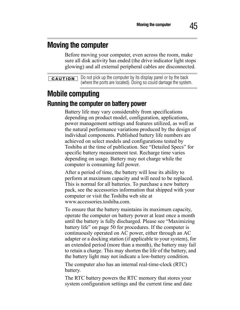 Moving the computer, Mobile computing, Running the computer on battery power | Toshiba Satellite A55 User Manual | Page 45 / 68