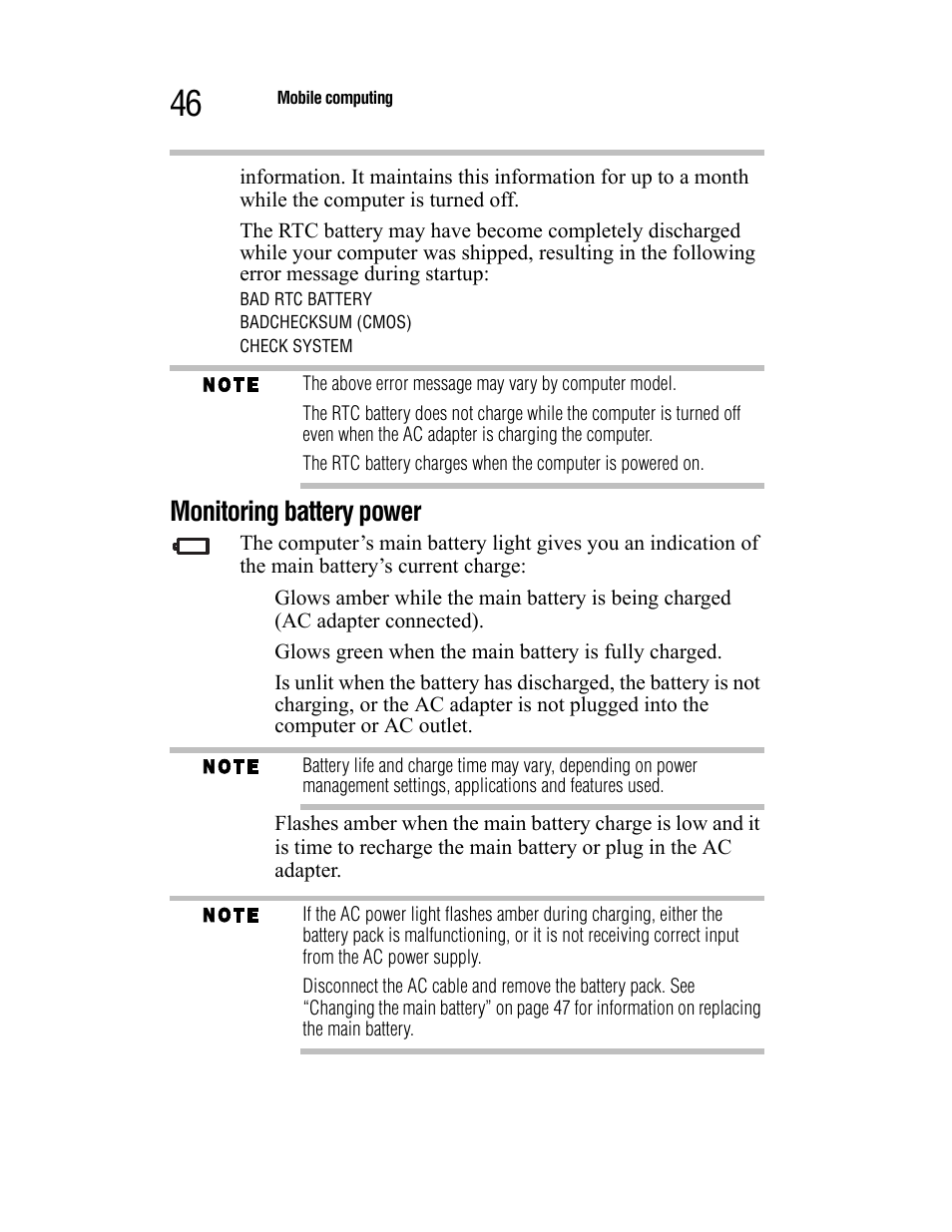 Monitoring battery power | Toshiba Satellite A55 User Manual | Page 46 / 68