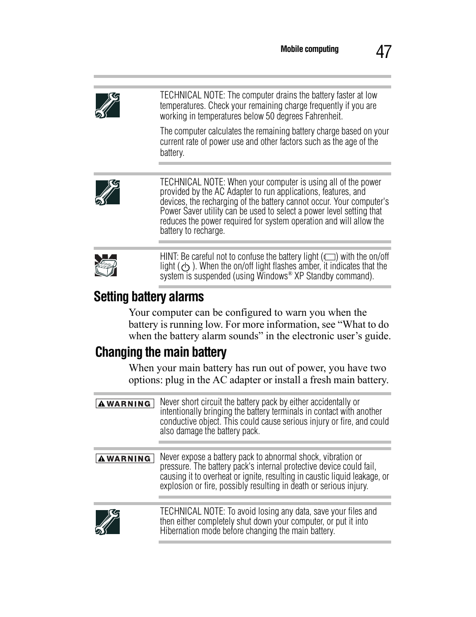 Setting battery alarms, Changing the main battery | Toshiba Satellite A55 User Manual | Page 47 / 68