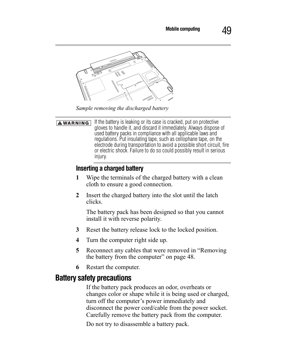 Battery safety precautions | Toshiba Satellite A55 User Manual | Page 49 / 68