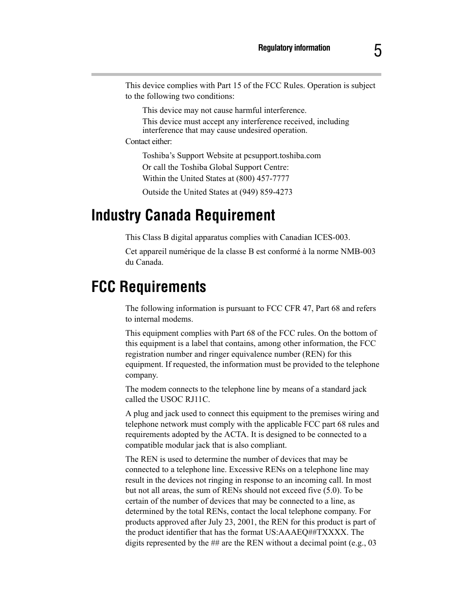 Industry canada requirement, Fcc requirements | Toshiba Satellite A55 User Manual | Page 5 / 68