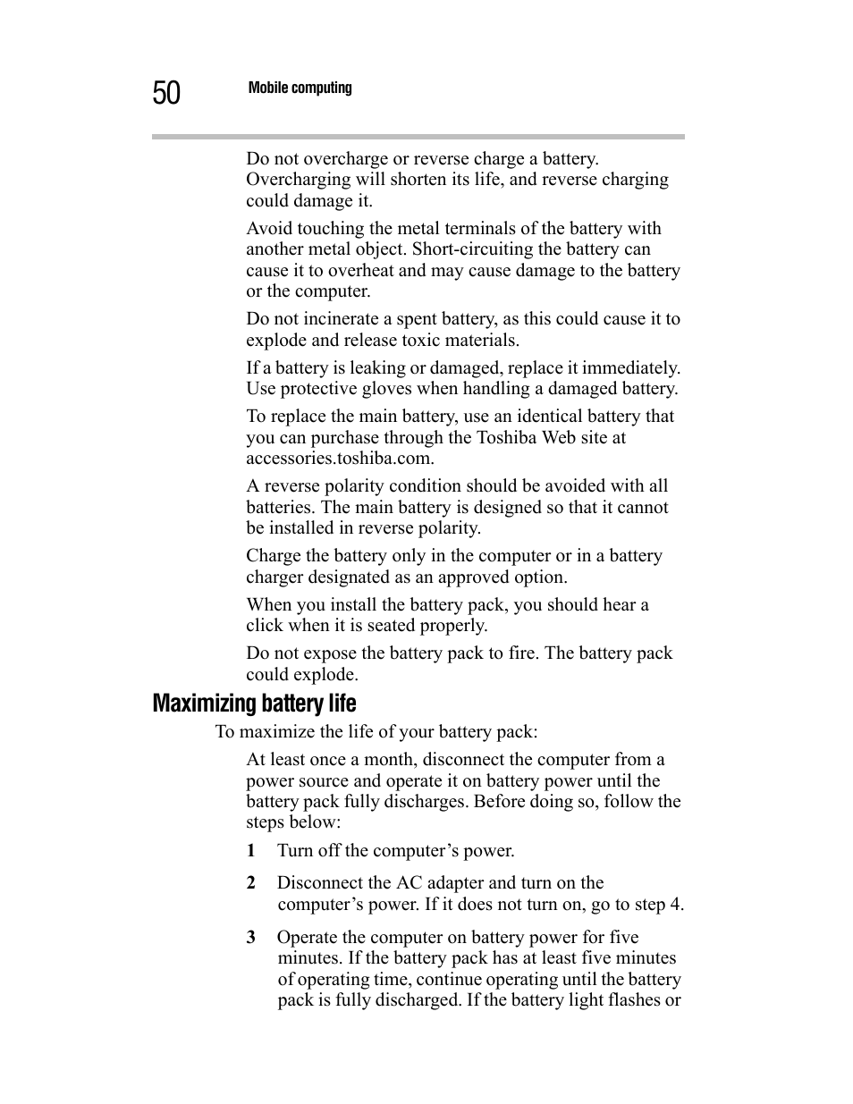 Maximizing battery life | Toshiba Satellite A55 User Manual | Page 50 / 68