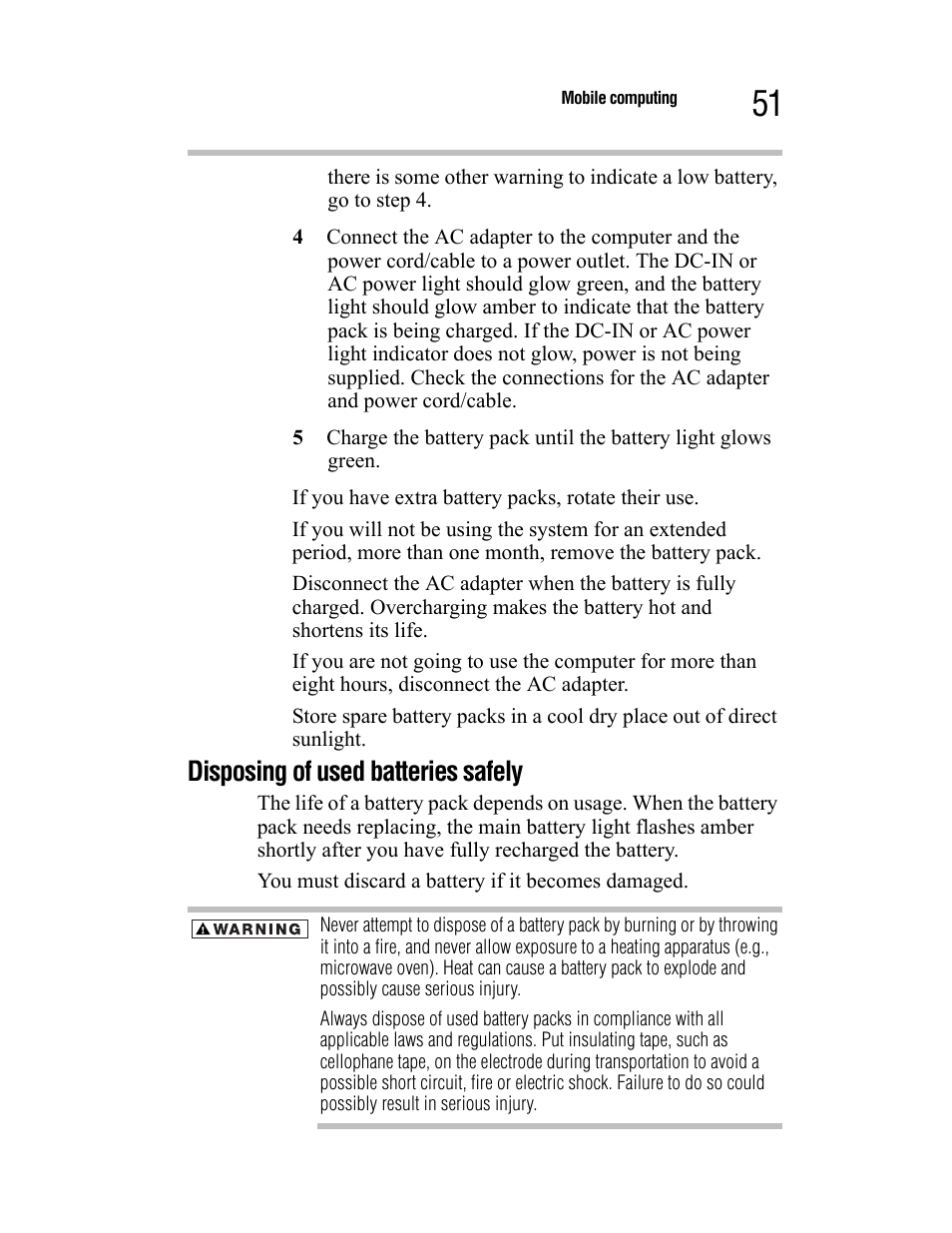 Disposing of used batteries safely | Toshiba Satellite A55 User Manual | Page 51 / 68