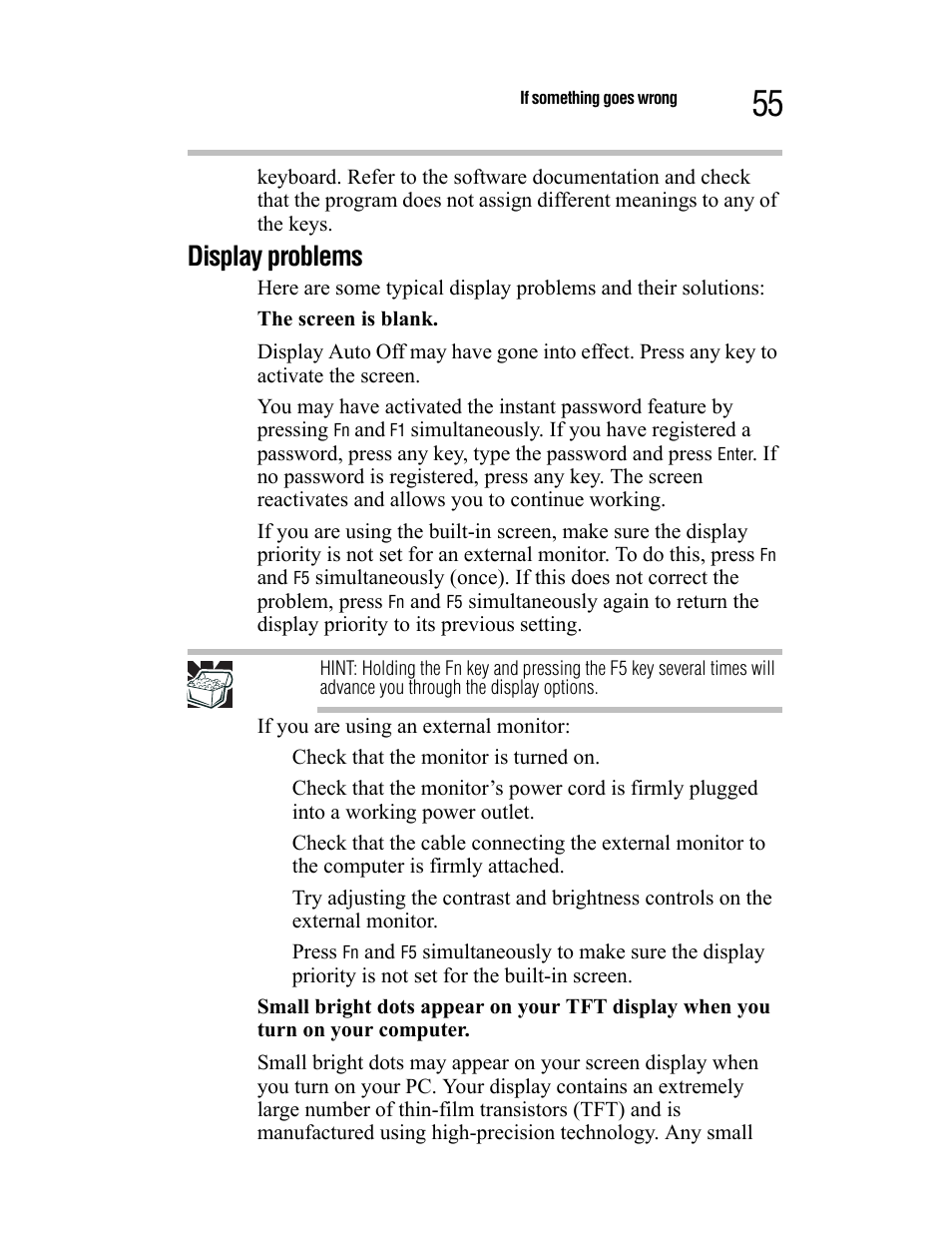 Display problems | Toshiba Satellite A55 User Manual | Page 55 / 68