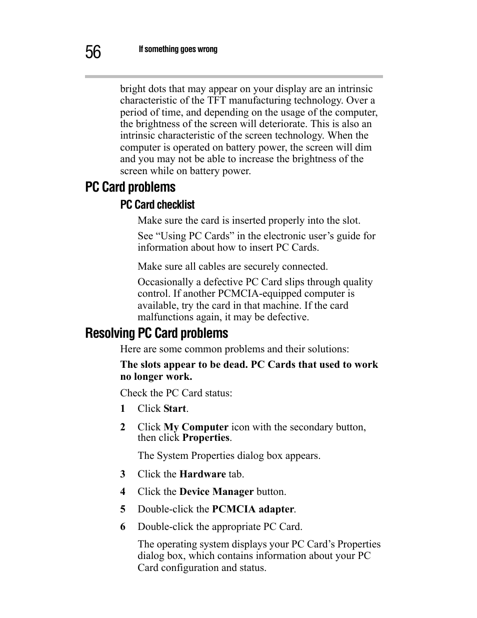 Pc card problems, Resolving pc card problems | Toshiba Satellite A55 User Manual | Page 56 / 68