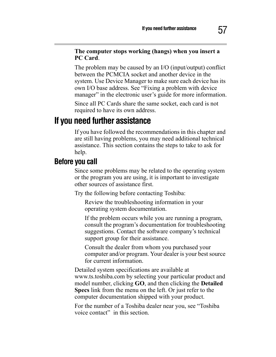 If you need further assistance, Before you call | Toshiba Satellite A55 User Manual | Page 57 / 68