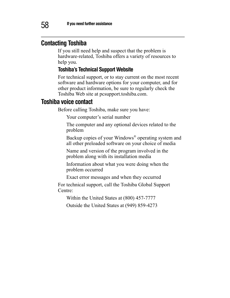 Contacting toshiba, Toshiba voice contact | Toshiba Satellite A55 User Manual | Page 58 / 68