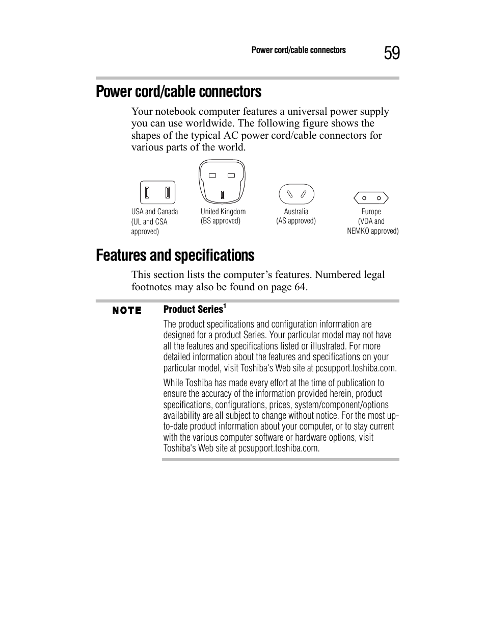 Power cord/cable connectors, Features and specifications | Toshiba Satellite A55 User Manual | Page 59 / 68