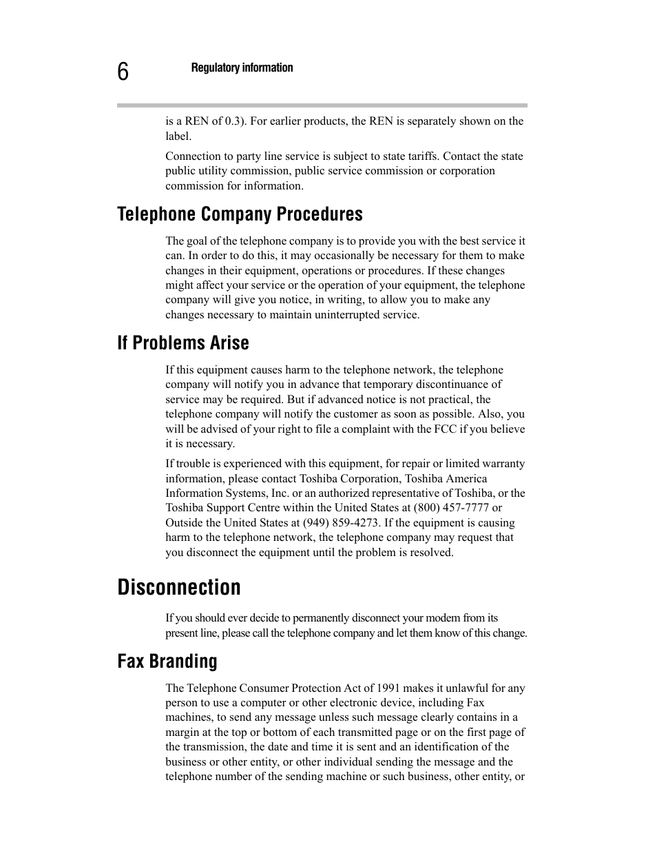 Disconnection, Telephone company procedures, If problems arise | Fax branding | Toshiba Satellite A55 User Manual | Page 6 / 68