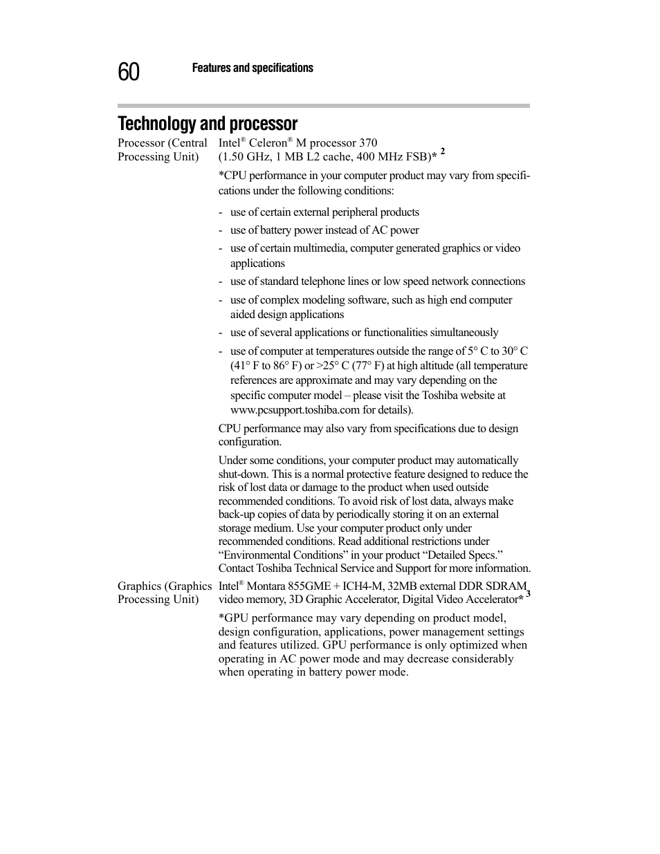 Technology and processor | Toshiba Satellite A55 User Manual | Page 60 / 68